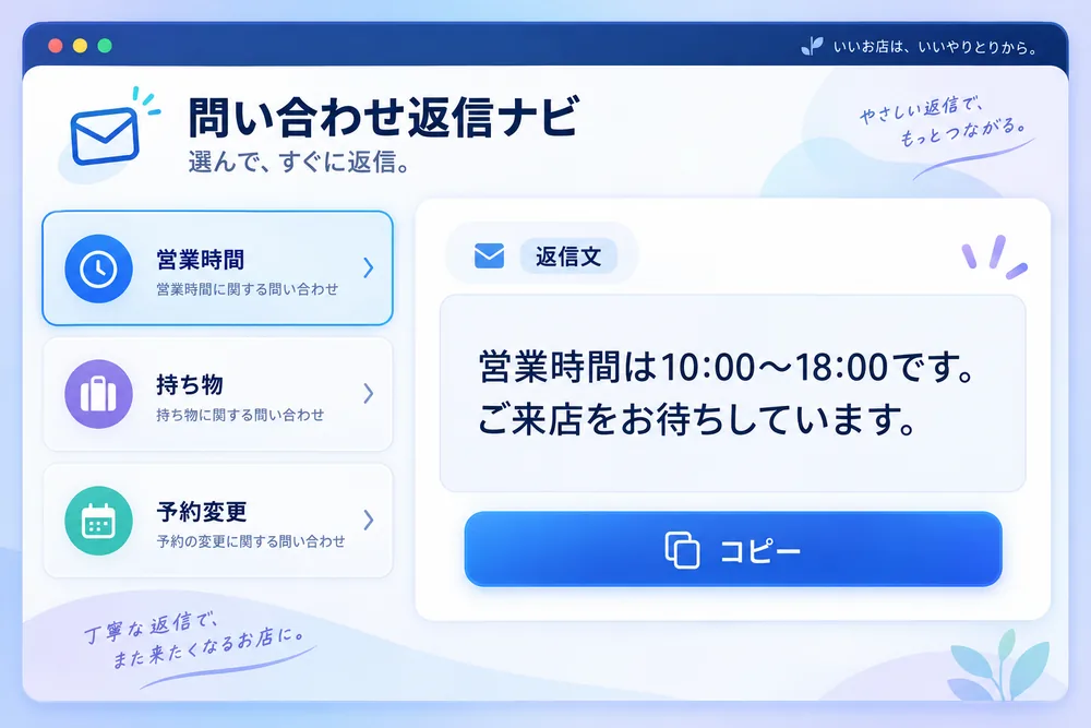 営業時間・持ち物・予約変更の選択ボタンと、定型の返信文・コピーボタンを備えた問い合わせ返信ナビの画面イメージ
