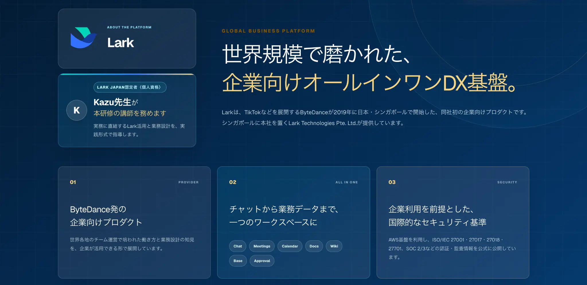 企業向けDX基盤Larkのチャット・会議・Docs・Base、セキュリティ基準、Kazu先生を紹介する資料