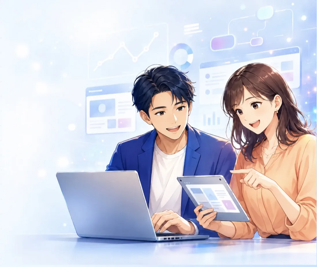 ノートパソコンとタブレットを使い、AI・DXを一緒に学ぶ男女のイラスト